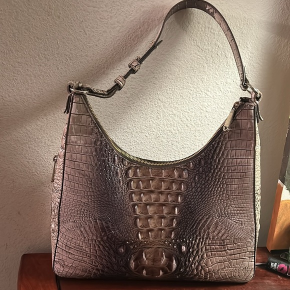 Brahmin Croc-Embossed Hobo Bag in Brown and Cream - Picture 6 of 12